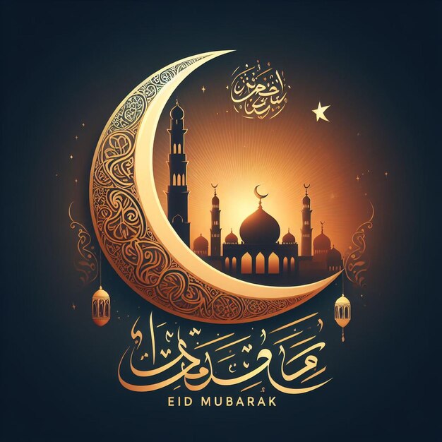 Eid Mubarak diseño islámico luna creciente y caligrafía árabe