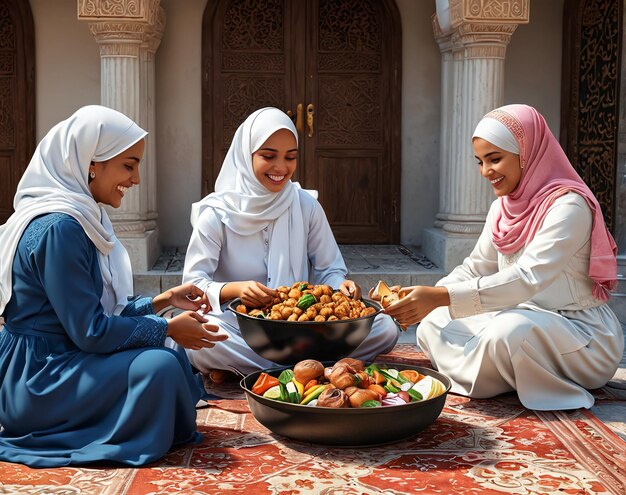 Eid Mubarak dos mujeres sentadas en el suelo frente a un edificio