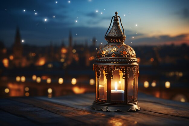 Eid Mubarak e Ramadan Kareem mês sagrado do Islã lanterna árabe e vela ardente à noite muçulmanos