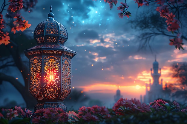 Eid mubarak e ramadan kareem saudações com lanterna islâmica e mesquita Eid al fitr fundo