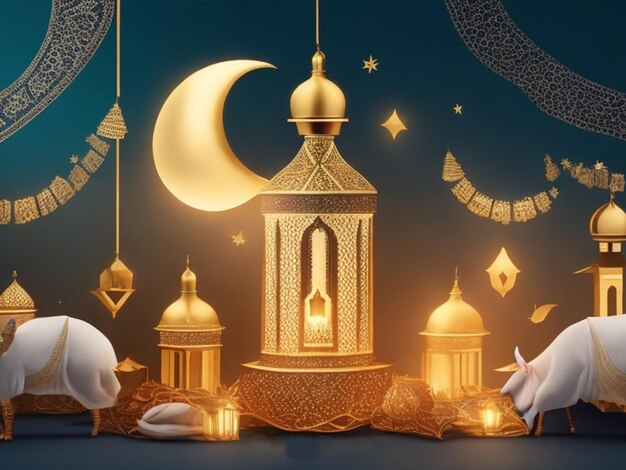 Foto eid mubarak eid el adha lámpara de la mezquita musulmana islámica ilustración del ramadán