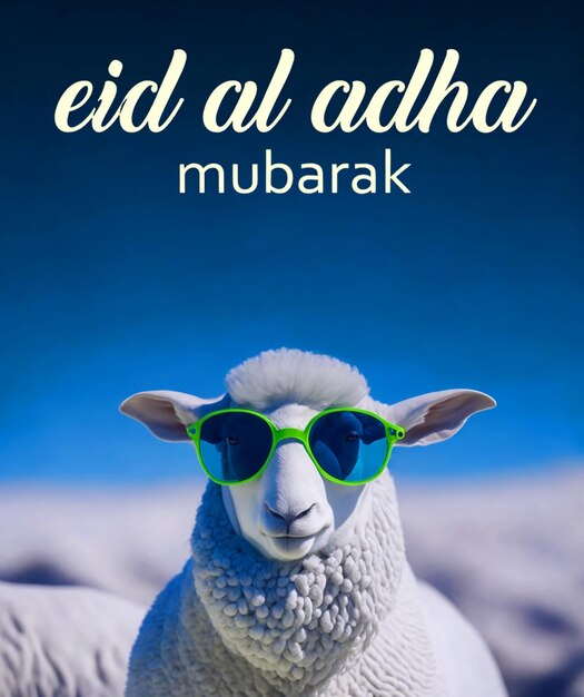 Foto eid mubarak eid al adha banner oder poster mit schafen mit brille, fröhliches eid ul adha mubarak