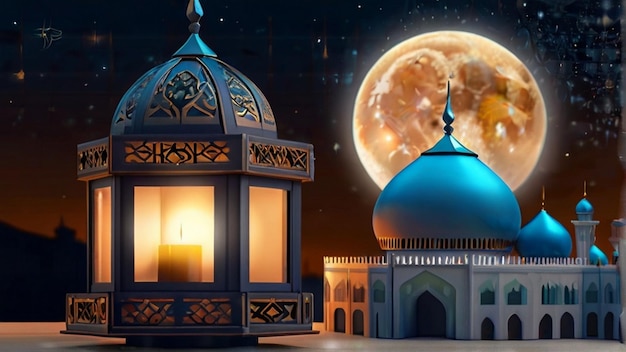 Eid Mubarak de Eid al fitr linterna 3D y mezquita con luna 3D con la noche hermoso fondo