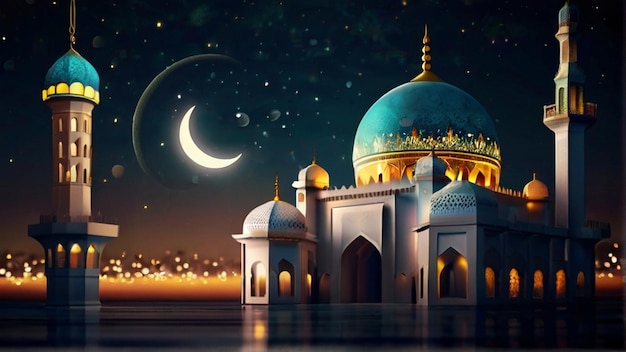 Eid Mubarak de Eid al fitr linterna 3D y mezquita con luna 3D con la noche hermoso fondo