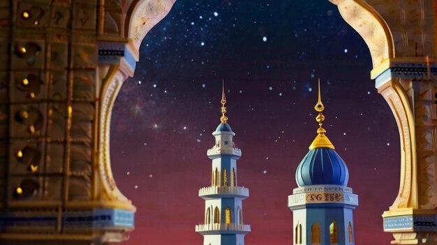 Eid Mubarak de Eid al fitr linterna 3D y mezquita con luna 3D con la noche hermoso fondo