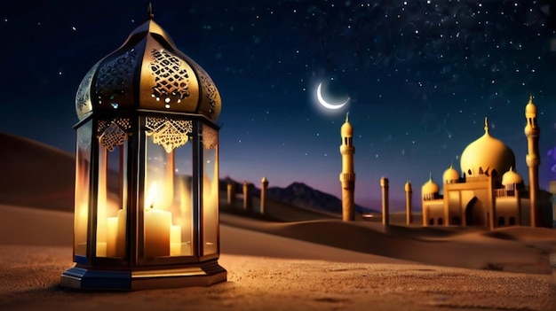 Eid Mubarak de Eid al fitr linterna 3D y mezquita con luna 3D con la noche hermoso fondo