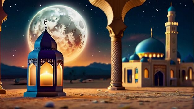 Eid Mubarak de Eid al fitr linterna 3D y mezquita con luna 3D con la noche hermoso fondo