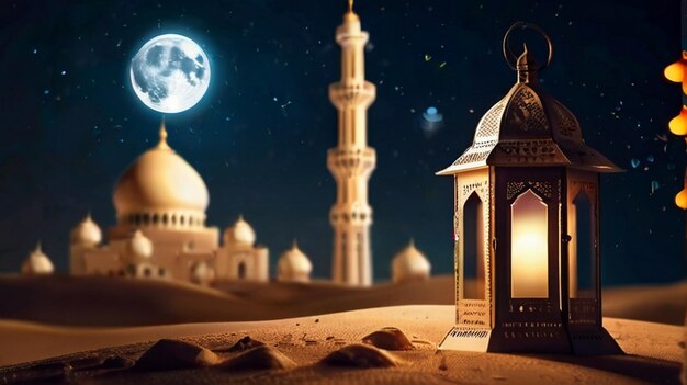 Eid Mubarak de Eid al fitr linterna 3D y mezquita con luna 3D con la noche hermoso fondo