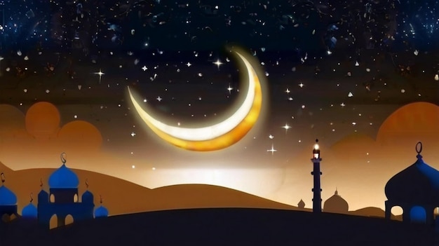 Eid Mubarak de Eid al fitr linterna 3D y mezquita con luna 3D con la noche hermoso fondo