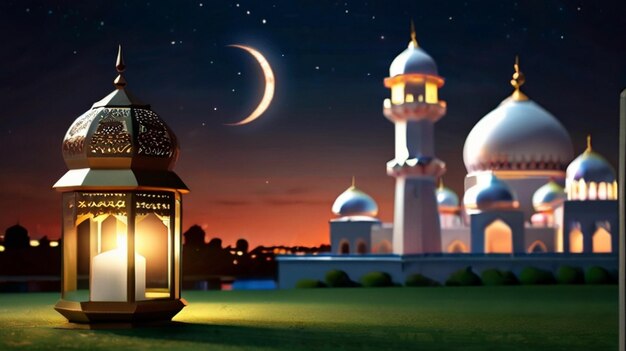 Eid Mubarak de Eid al fitr linterna 3D y mezquita con luna 3D con la noche hermoso fondo