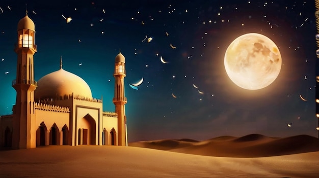 Eid Mubarak de Eid al fitr linterna 3D y mezquita con luna 3D con la noche hermoso fondo