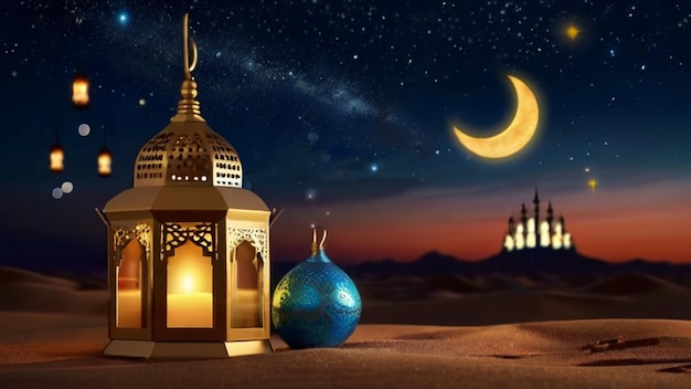 Eid Mubarak de Eid al fitr linterna 3D y mezquita con luna 3D con la noche hermoso fondo