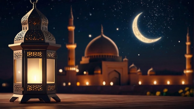 Eid Mubarak de Eid al fitr linterna 3D y mezquita con luna 3D con la noche hermoso fondo