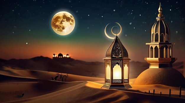 Eid Mubarak de Eid al fitr linterna 3D y mezquita con luna 3D con la noche hermoso fondo