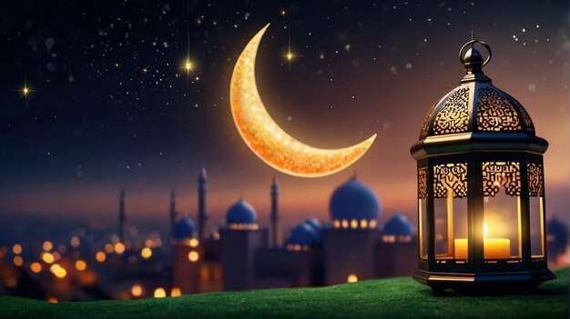 Eid Mubarak de Eid al fitr linterna 3D y mezquita con luna 3D con la noche hermoso fondo