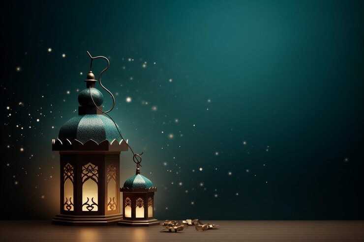 Eid Mubarak y Eid ul fitr con fondo islámico con luna creciente amarilla y linterna amarilla en 3d
