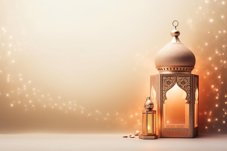 Eid Mubarak y Eid ul fitr con fondo islámico con luna creciente amarilla y linterna amarilla en 3d