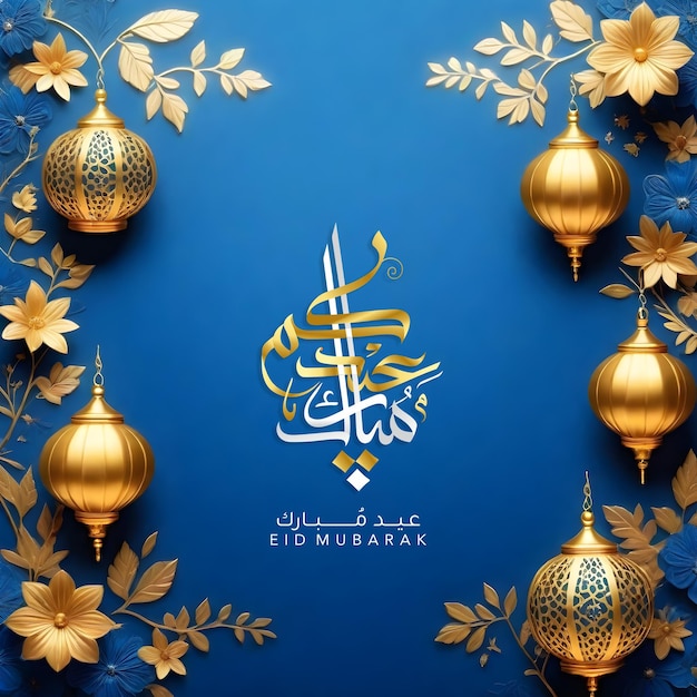 Eid Mubarak ein blauer Hintergrund mit einem blauen Hintergrund mit einer Kalligraphie des Monats
