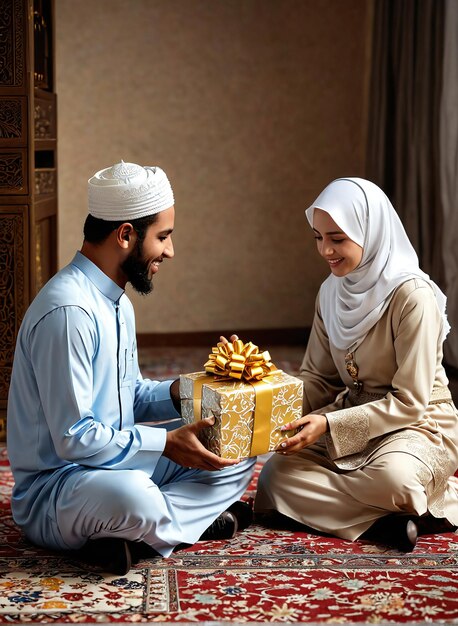 Eid Mubarak ein Mann und eine Frau sitzen auf dem Boden mit einem Geschenk