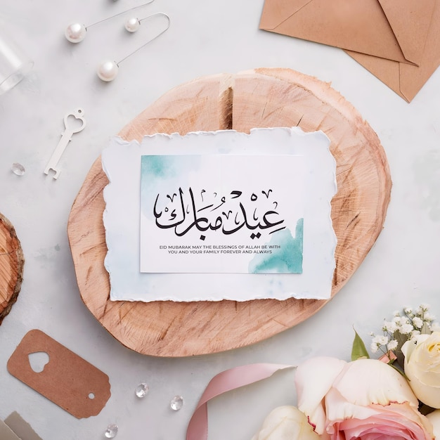 Eid Mubarak em um fundo desfocado com caligrafia islâmica Eid al fitr a caligrafiar árabe mea