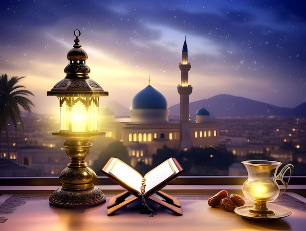 Eid Mubarak Festival Islámico de Ramadán Mezquita y linterna abiertas Corán con dátiles frutas Vista del cielo por la noche