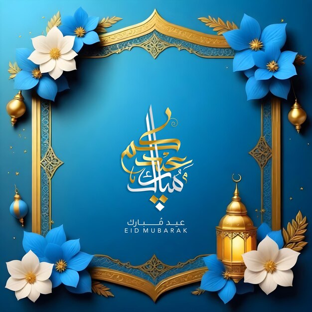 Eid Mubarak un fondo azul con un diseño azul y dorado con una mezquita y una mezquita