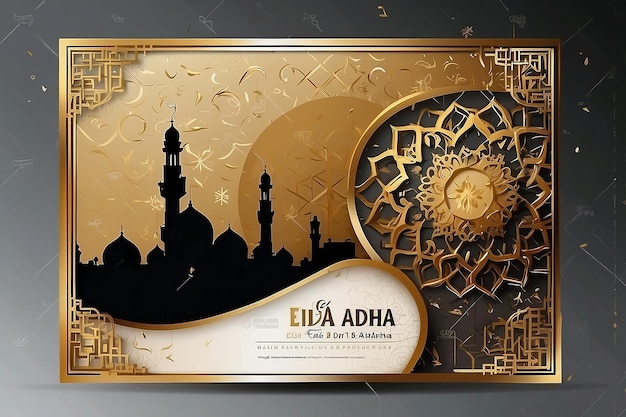 Foto eid mubarak golden luxury islamic social media post com padrão de estilo árabe e moldura de foto