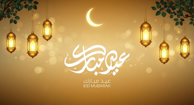 Eid Mubarak Grüße mit Laternen und Halbmond auf goldenem Hintergrund