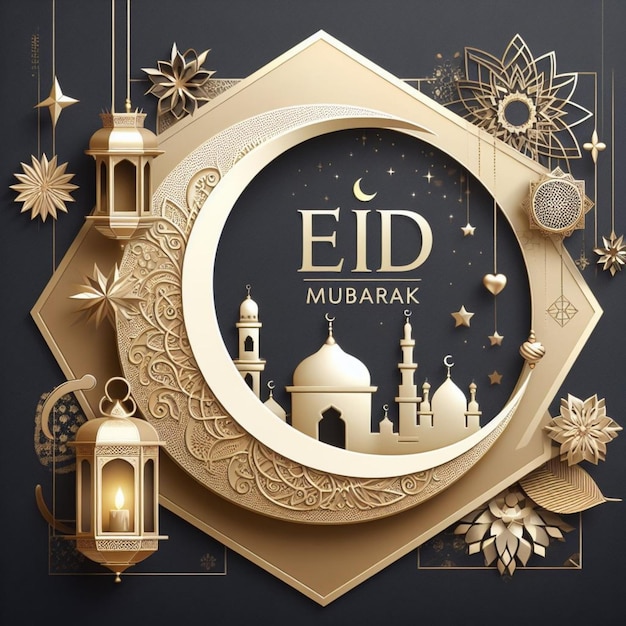 Eid Mubarak Grüßkarte mit goldenem Halbmond und Laterne und Moschee