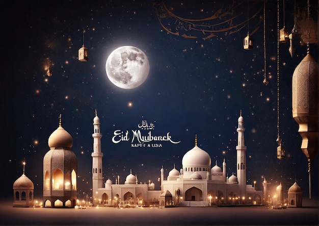 Foto eid mubarak hintergrund mit mond-sterne-musik licht moschee