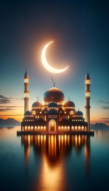 Eid Mubarak-Hintergrund mit Moschee und Halbmond in der Dämmerung