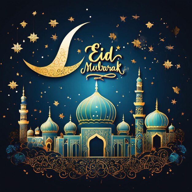 Foto eid mubarak islamische grußkarte mit goldenem mond und moschee banner design ai generiert