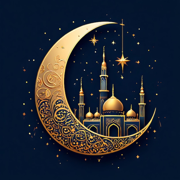 Eid Mubarak-Kalligraphie mit hohlem Mondgravur auf goldenem Bokeh-Hintergrund Illustration