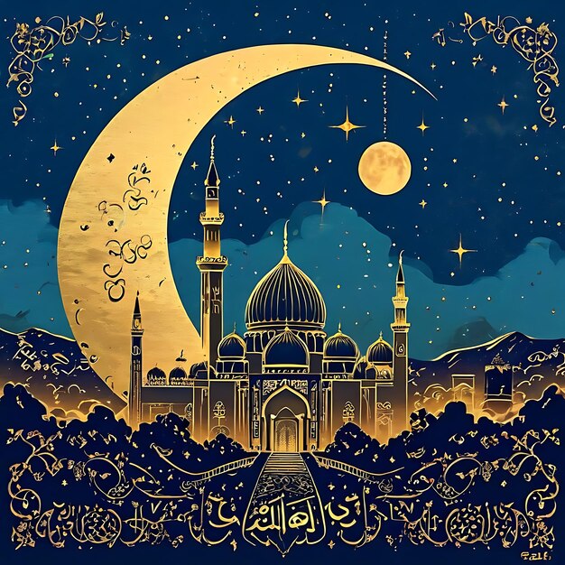 Eid Mubarak-Kalligraphie mit hohlem Mondgravur auf goldenem Bokeh-Hintergrund Illustration