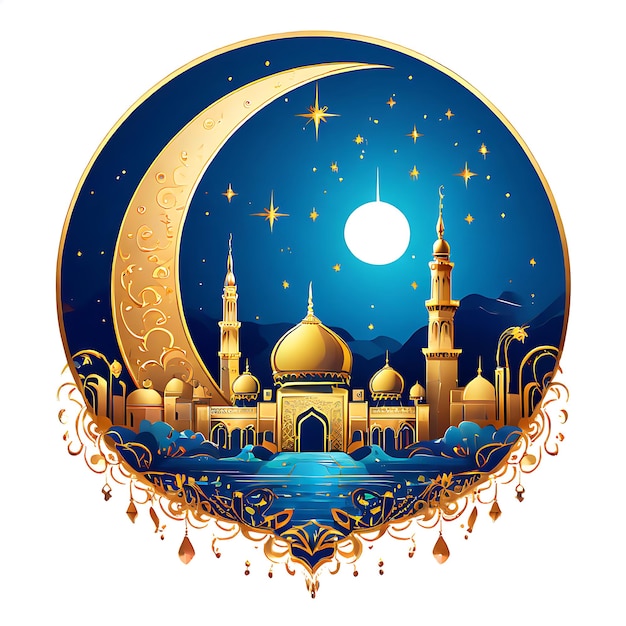 Eid Mubarak-Kalligraphie mit hohlem Mondgravur auf goldenem Bokeh-Hintergrund Illustration
