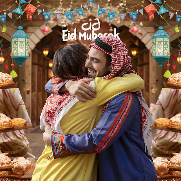 Eid Mubarak-Kalligraphie mit hohlem Mondgravur auf goldenem Bokeh-Hintergrund Illustration