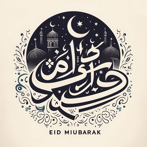 Eid Mubarak-Kalligraphie mit hohlem Mondgravur auf goldenem Bokeh-Hintergrund