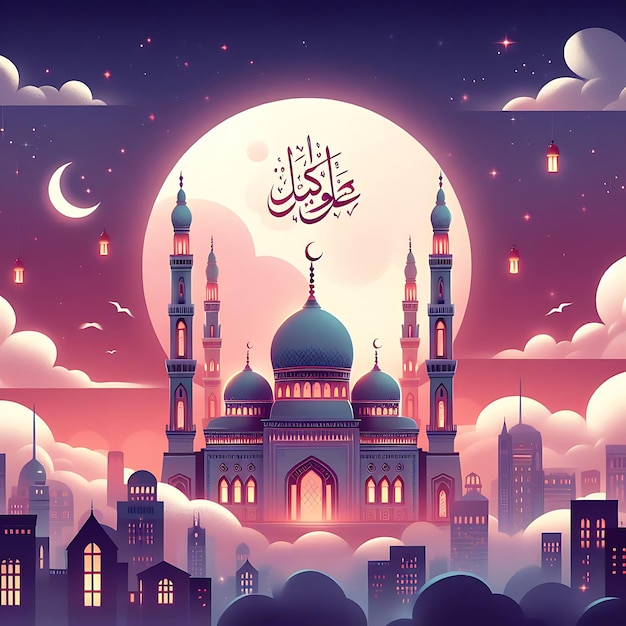 Eid Mubarak-Kalligraphie mit hohlem Mondgravur auf goldenem Bokeh-Hintergrund