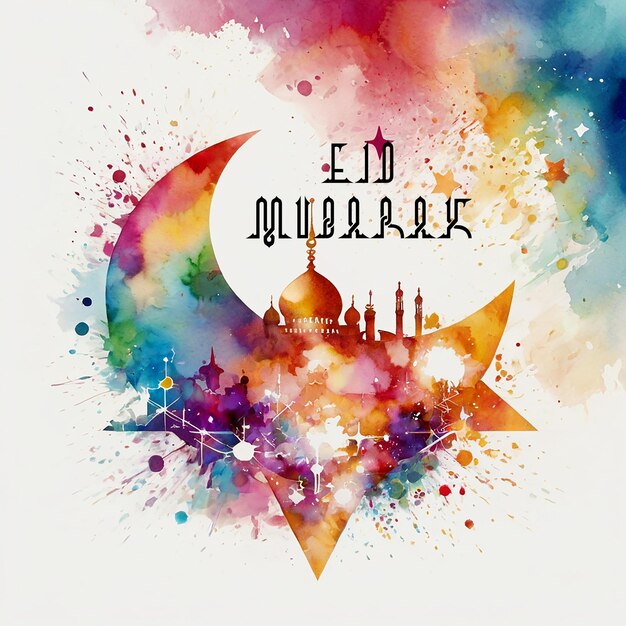 Eid mubarak linterna árabe acuarela de la luna con la pintura de la flor de la flor