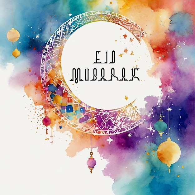 Eid mubarak linterna árabe acuarela de la luna con la pintura de la flor de la flor