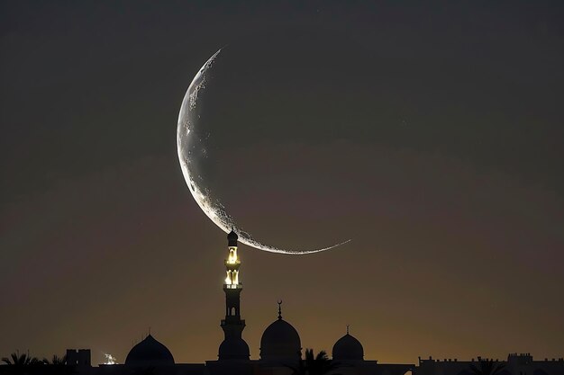 Foto eid mubarak luna islámica brillante y tarjeta de felicitación de la mezquita