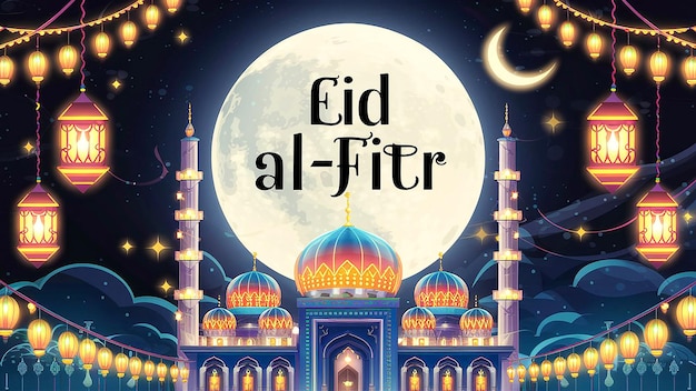 Eid mubarak luna y mezquita hermoso fondo generado por la IA