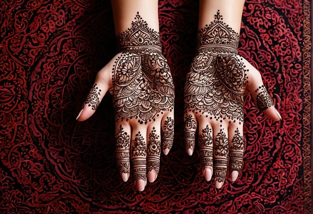 Foto eid mubarak las manos de una mujer con henna en sus manos