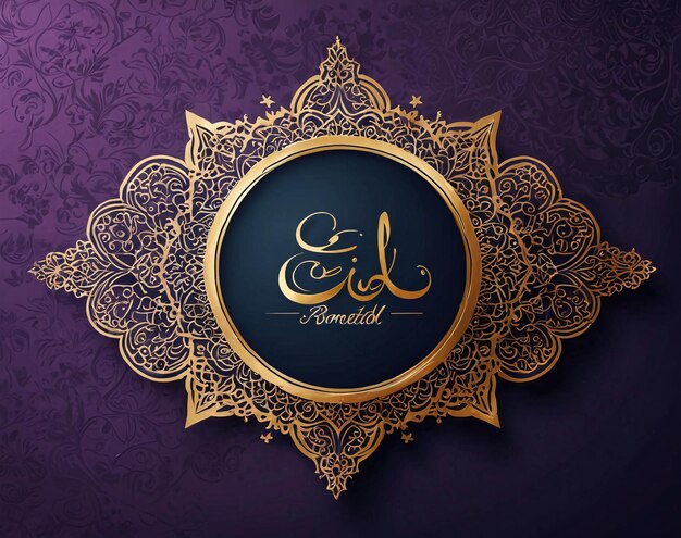 Eid Mubarak un marco de oro con caligrafía árabe en un fondo púrpura