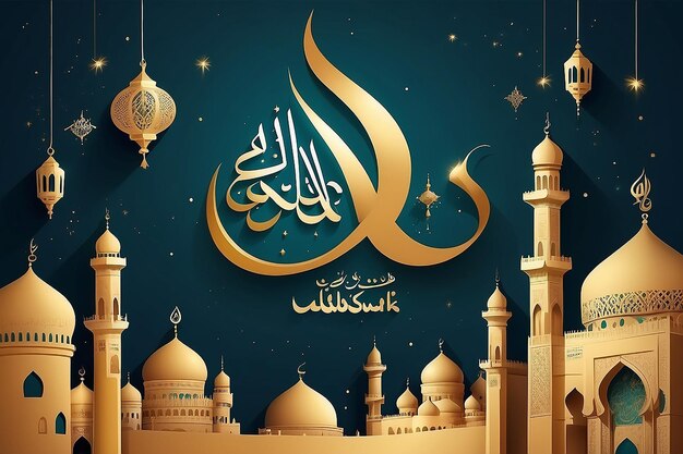 Eid Mubarak mit arabischer Kalligraphie zur Feier des muslimischen GemeinschaftsfestesEid Mubarak mit arabischer Kalligraphie zur Feier des muslimischen Gemeinschaftsfestes