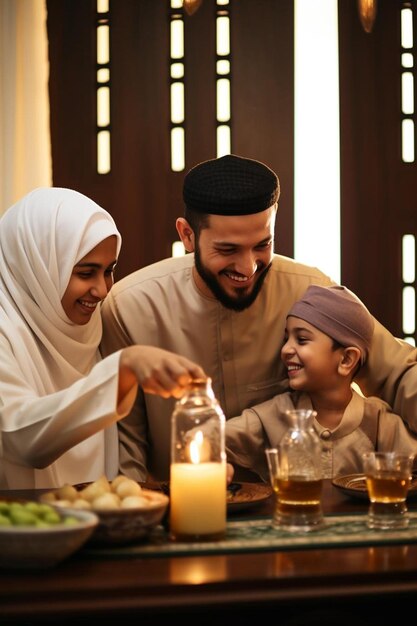 Eid Mubarak muslimische Familie beim Iftar-Abendessen Trinkwasser, um das Fest zu unterbrechen, traditionelle Speisen essen