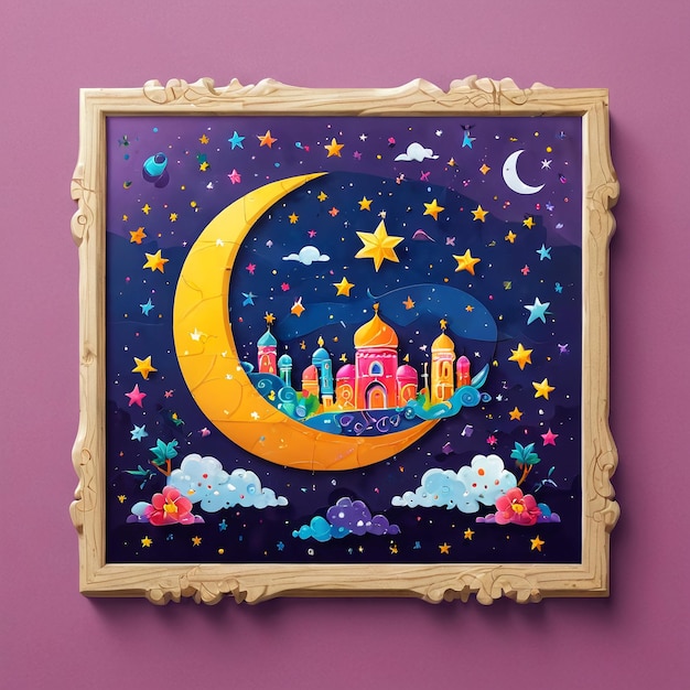 Foto eid mubarak una pintura de una mezquita en una pared púrpura