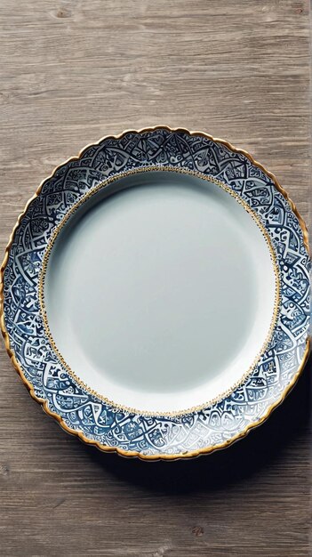 Eid Mubarak un plato azul y blanco con adornos dorados