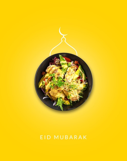 Eid Mubarak Plato de comida sombra luna de Eid y mezquita Eid Muborak y restaurante de Ramadán Mubarak