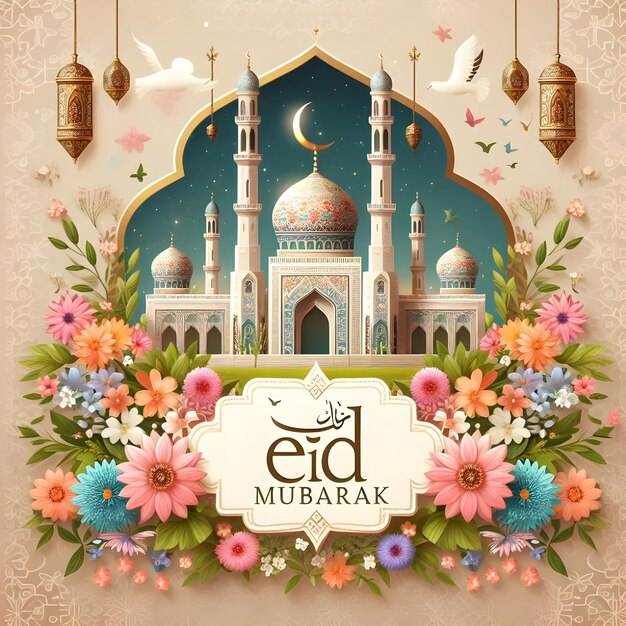 Foto eid mubarak poster de una mezquita con un fondo azul con una imagen de una mezquina y flores